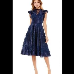 Mac Duggal 4 NWT High Neck Knee Length Dress Sequins Flutter Sleeves Navy